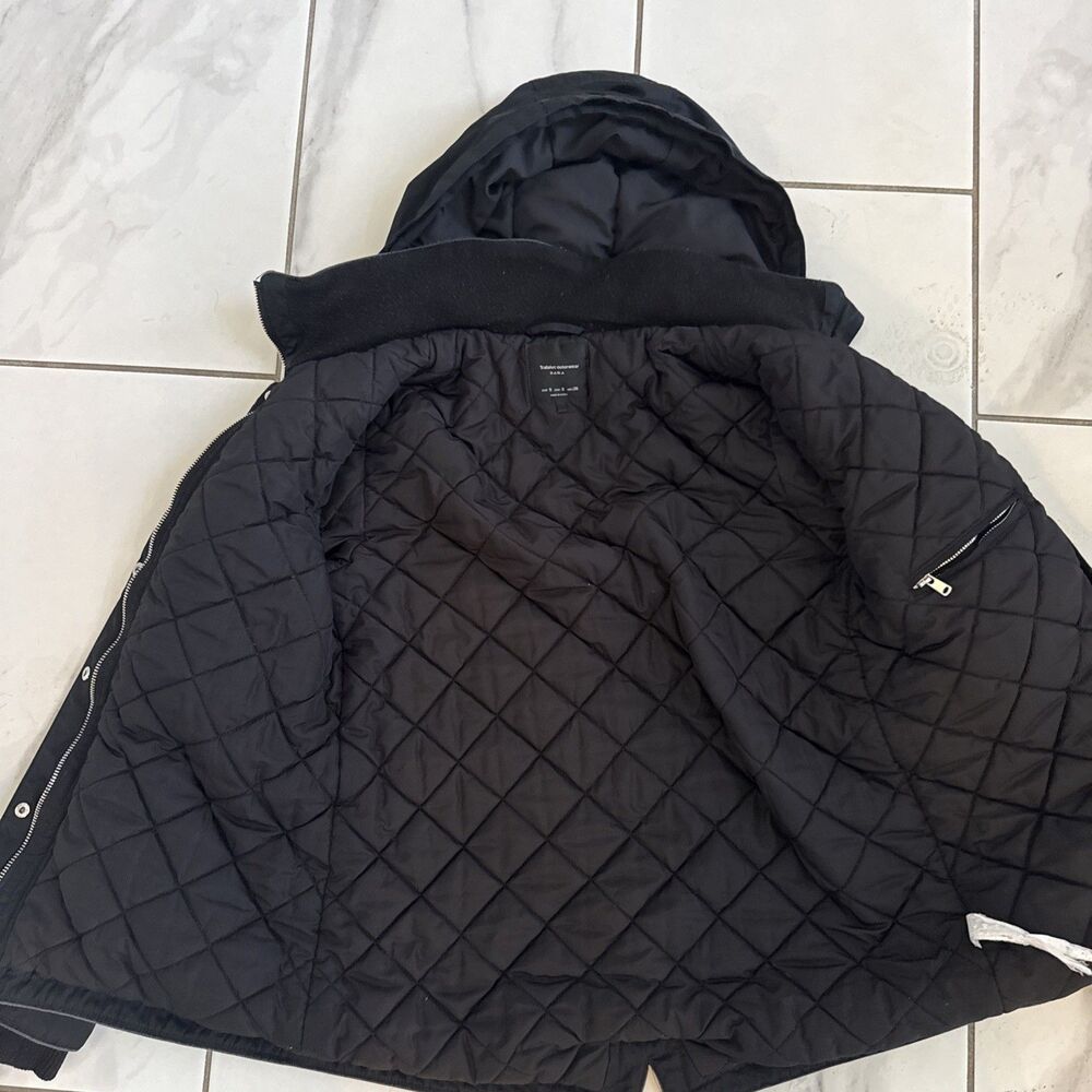 Zara Trafaluc Women’s S Black Hooded Parka Jacket Quilted Lined Zip Utility - Picture 3 of 7